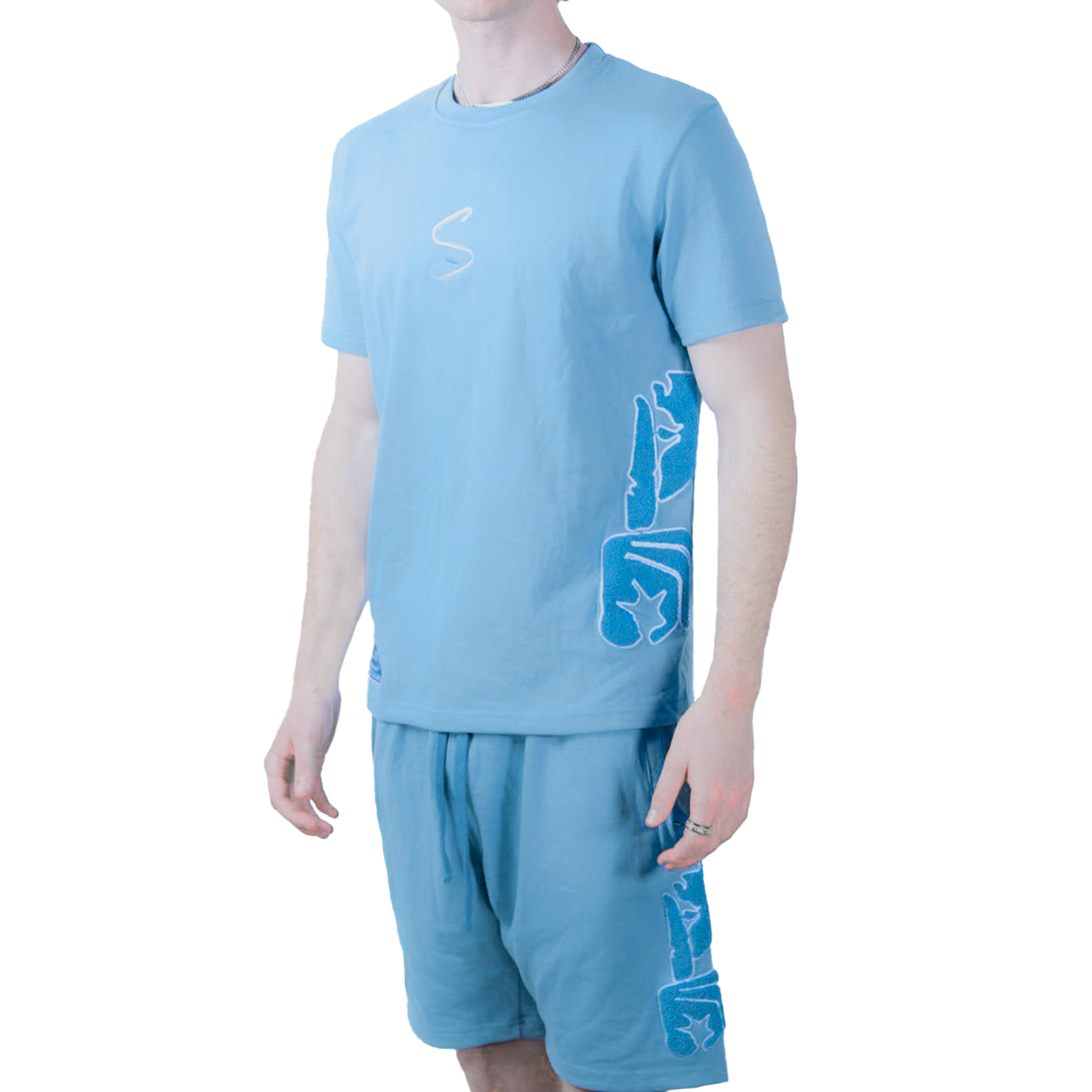 Light Blue/Navy Chenille Logo Shorts Set