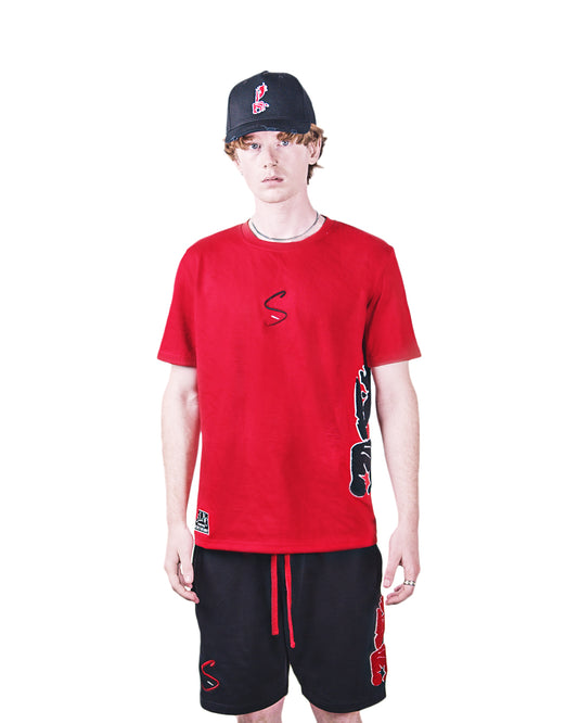 Black/Red Chenille Logo Shorts Set